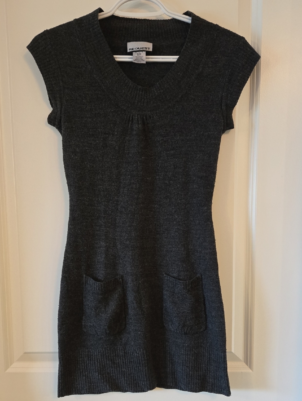 REQUEST Charcoal Short-Sleeve Knit Mini Dress with Pockets